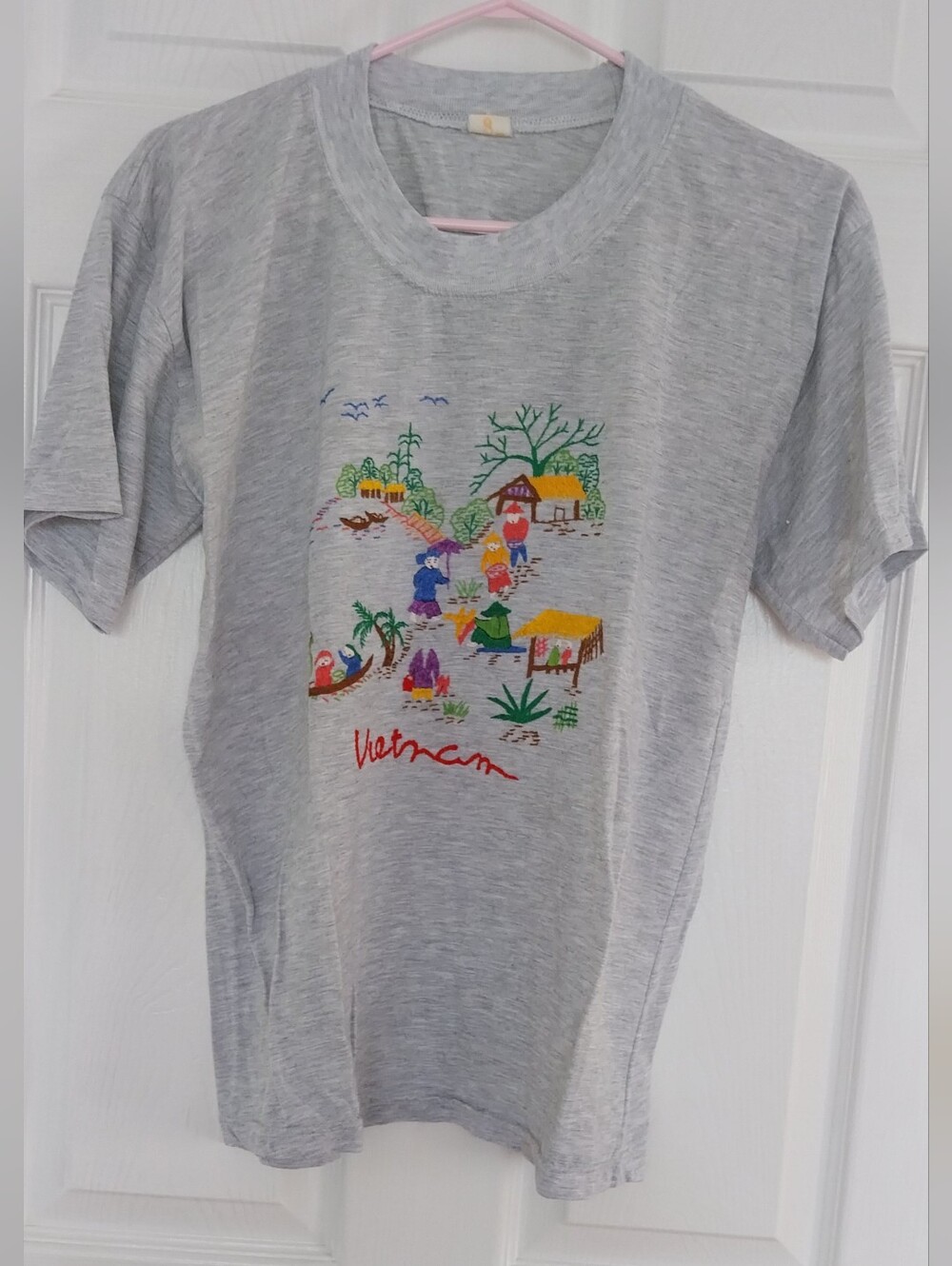 Gray Embroidered Short Sleeves Graphic Tee